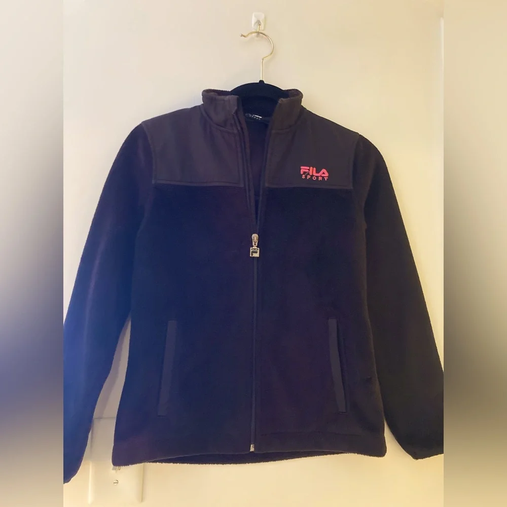Fila Sport Girl's Black Fleece Zip Up Jacket with pink logo